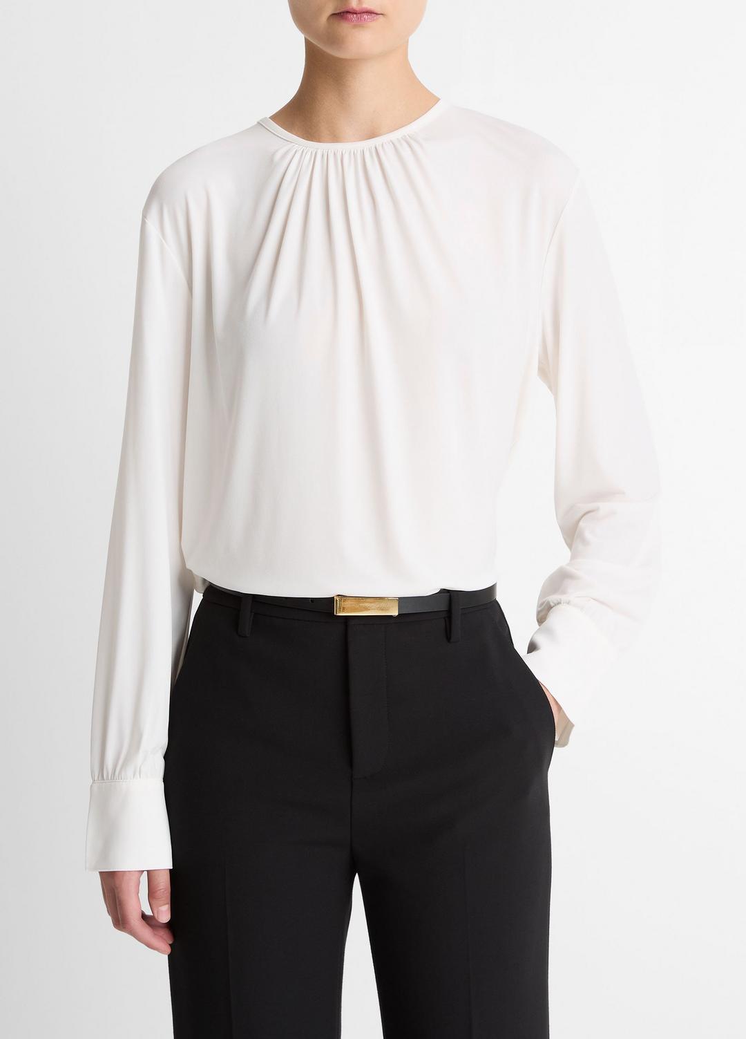 VINCE Women Matte Jersey Gathered Blouse in Long Sleeve OFF WHITE