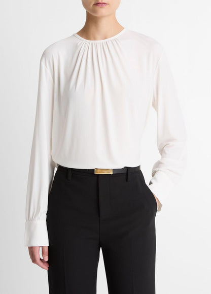 VINCE Women Matte Jersey Gathered Blouse in Long Sleeve OFF WHITE