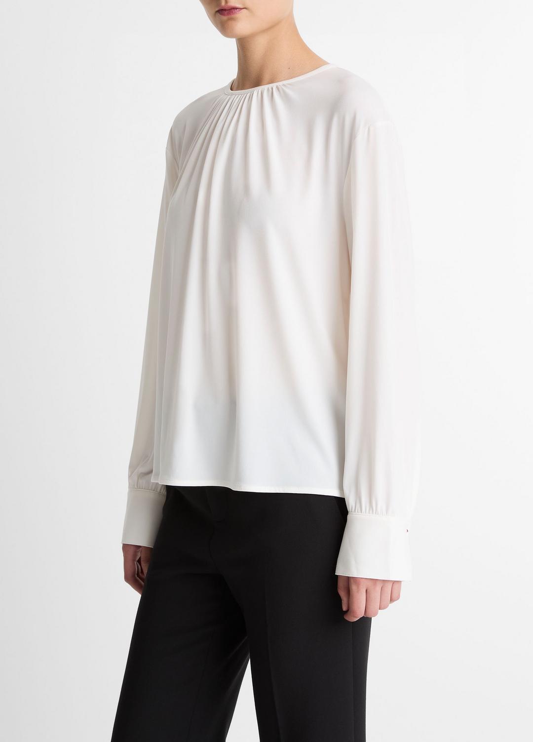 VINCE Women Matte Jersey Gathered Blouse in Long Sleeve OFF WHITE