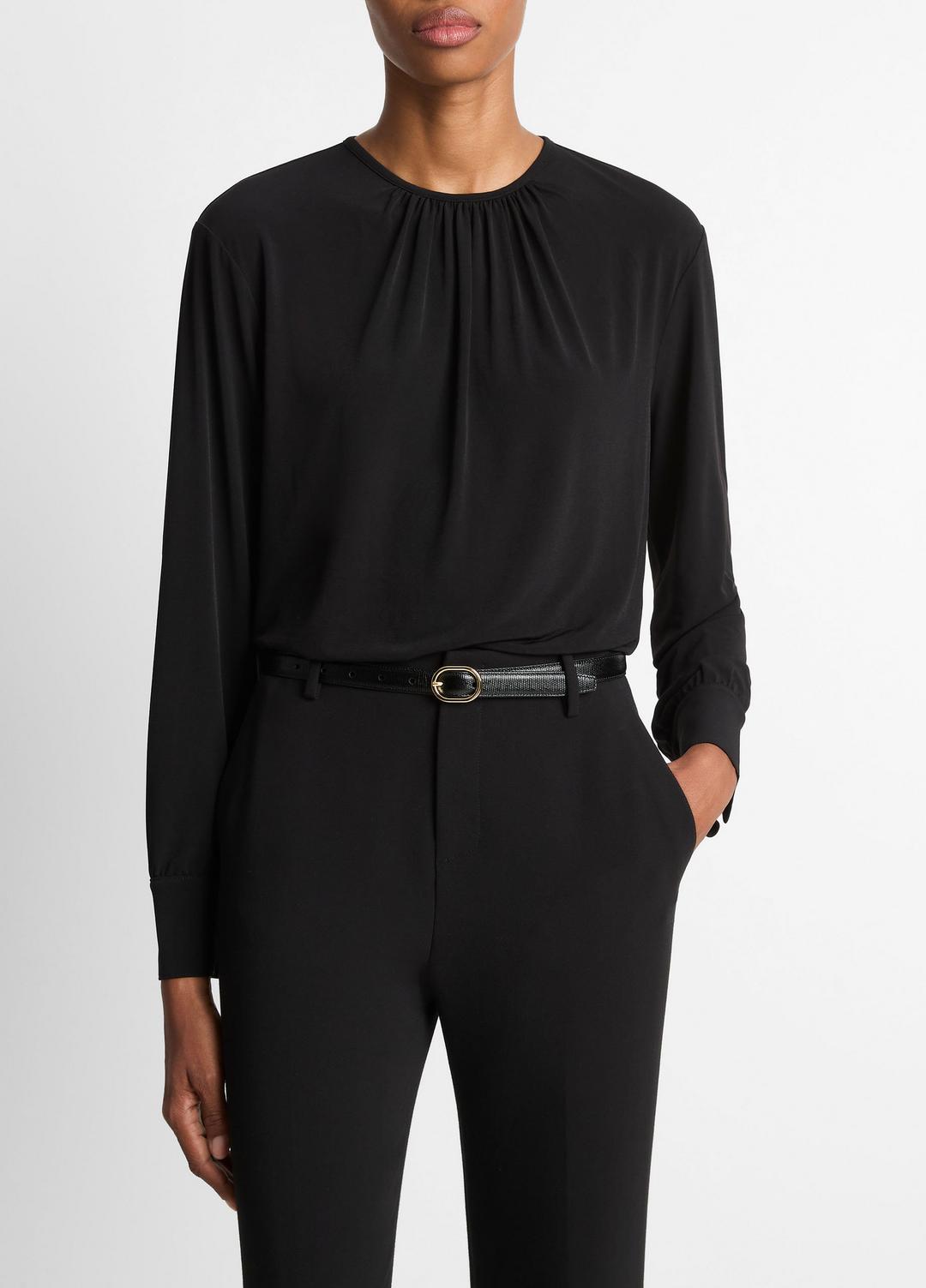 VINCE Women Matte Jersey Gathered Blouse in Long Sleeve BLACK