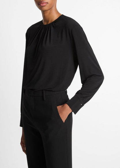 VINCE Women Matte Jersey Gathered Blouse in Long Sleeve BLACK