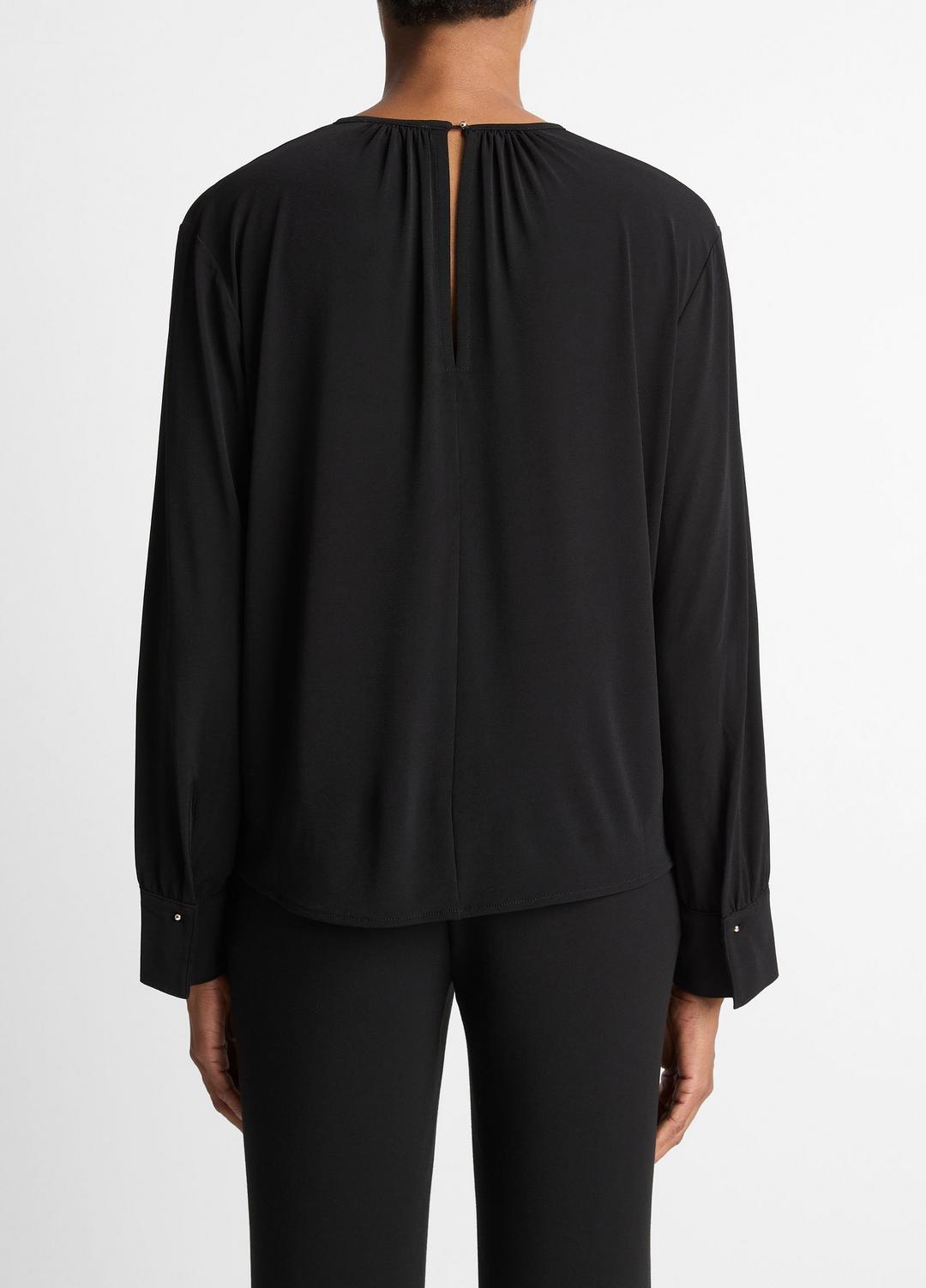 VINCE Women Matte Jersey Gathered Blouse in Long Sleeve BLACK
