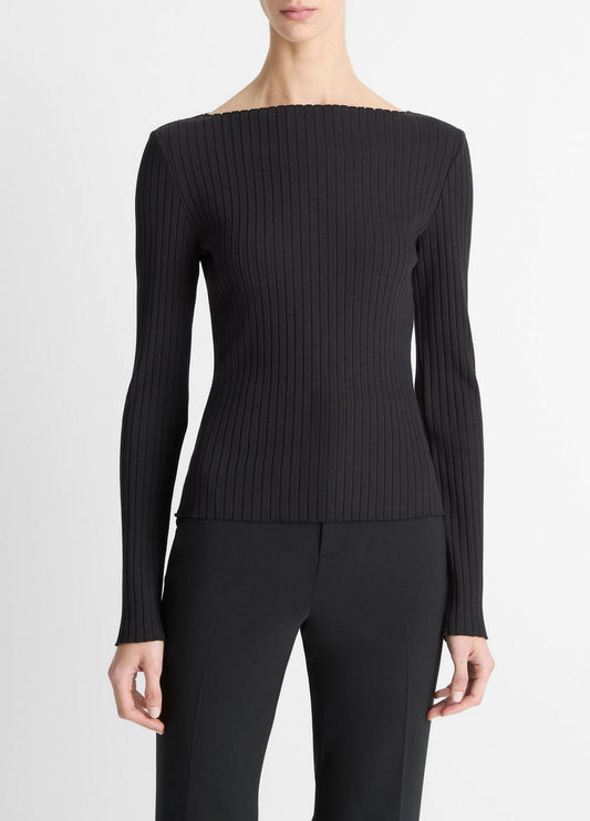 VINCE Women Ribbed Cotton-Blend Slash-Neck Long-Sleeve Top in Long Sleeve BLACK
