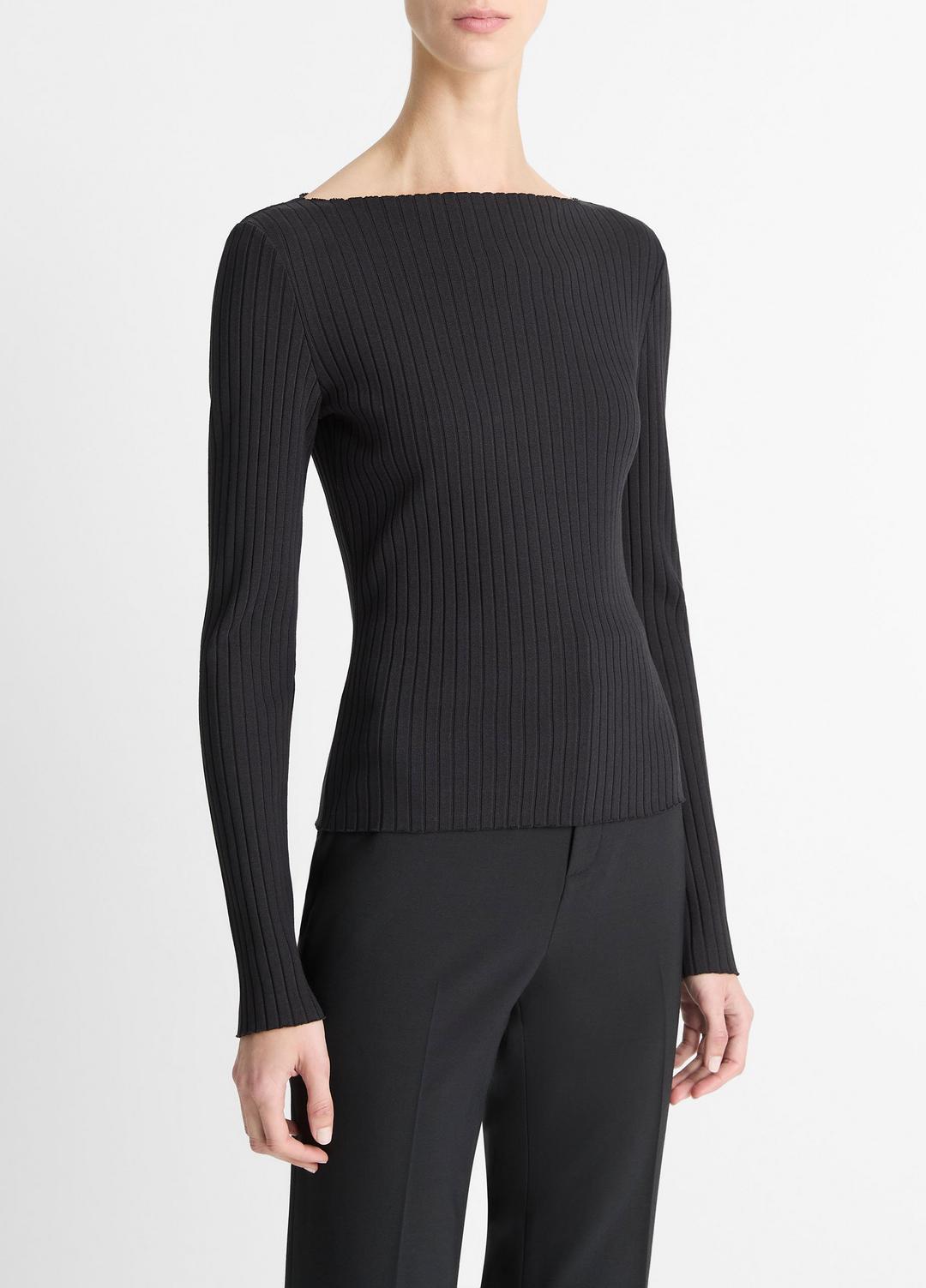 VINCE Women Ribbed Cotton-Blend Slash-Neck Long-Sleeve Top in Long Sleeve BLACK