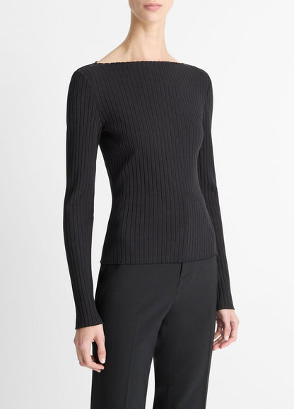 VINCE Women Ribbed Cotton-Blend Slash-Neck Long-Sleeve Top in Long Sleeve BLACK