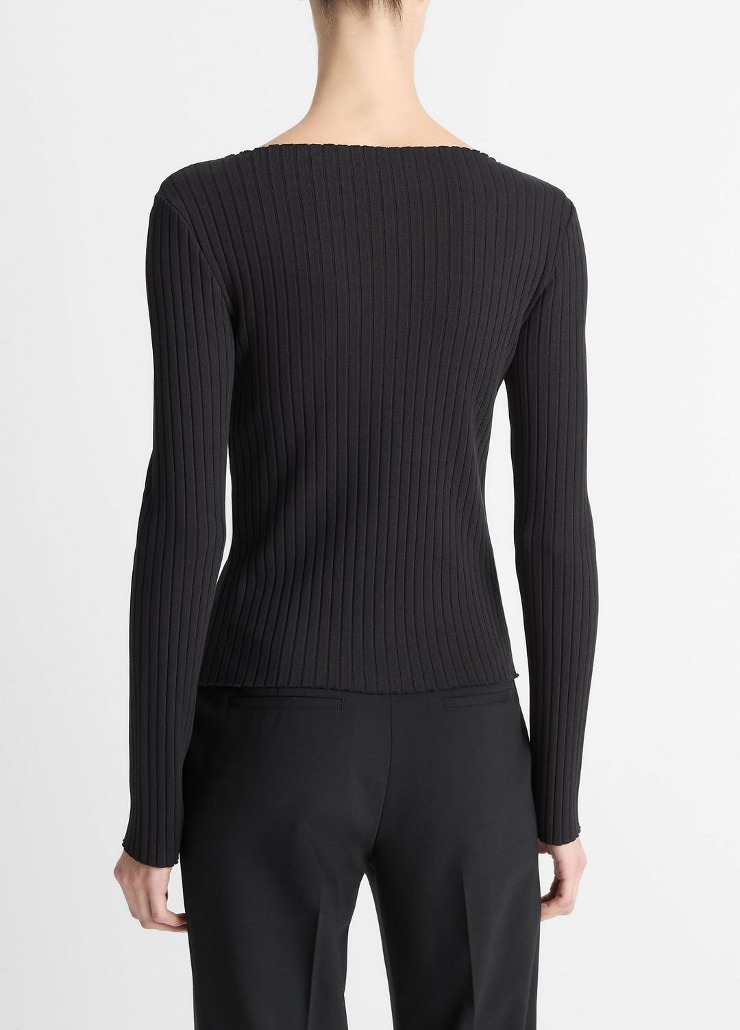 VINCE Women Ribbed Cotton-Blend Slash-Neck Long-Sleeve Top in Long Sleeve BLACK