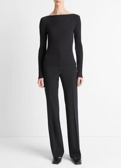 VINCE Women Ribbed Cotton-Blend Slash-Neck Long-Sleeve Top in Long Sleeve BLACK