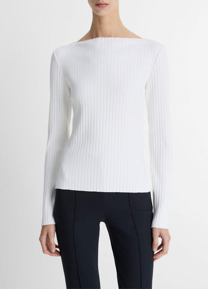 VINCE Women Ribbed Cotton-Blend Slash-Neck Long-Sleeve Top in Long Sleeve OFF WHITE