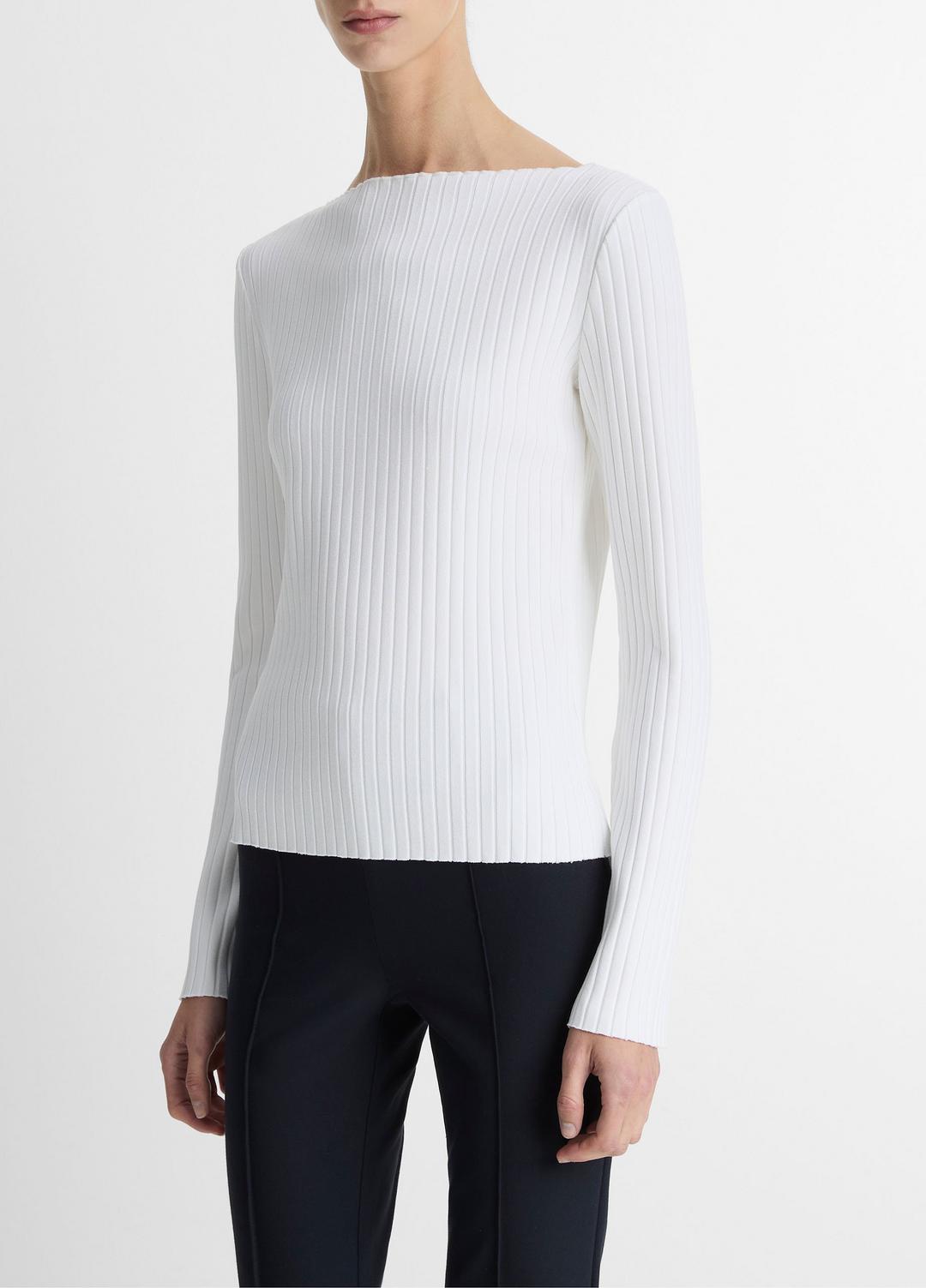 VINCE Women Ribbed Cotton-Blend Slash-Neck Long-Sleeve Top in Long Sleeve OFF WHITE