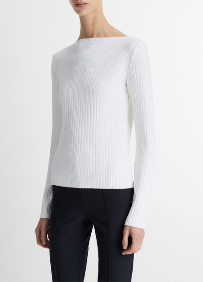 VINCE Women Ribbed Cotton-Blend Slash-Neck Long-Sleeve Top in Long Sleeve OFF WHITE