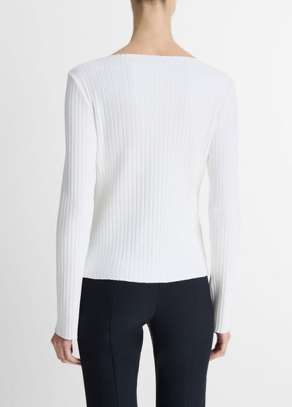 VINCE Women Ribbed Cotton-Blend Slash-Neck Long-Sleeve Top in Long Sleeve OFF WHITE