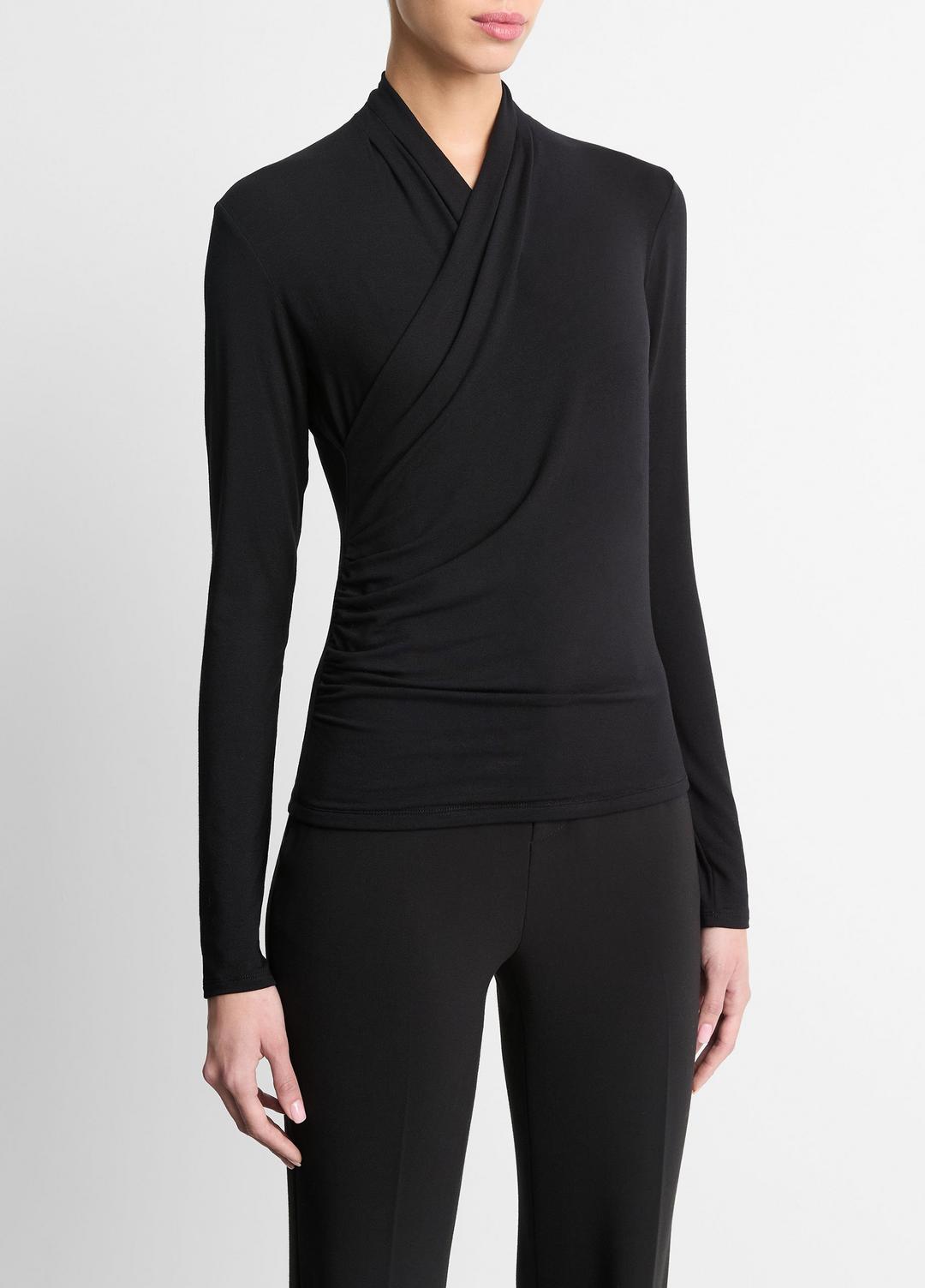 VINCE Women Fixed Wrap Long-Sleeve Top in Long Sleeve BLACK