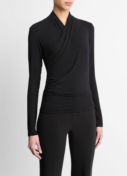 VINCE Women Fixed Wrap Long-Sleeve Top in Long Sleeve BLACK