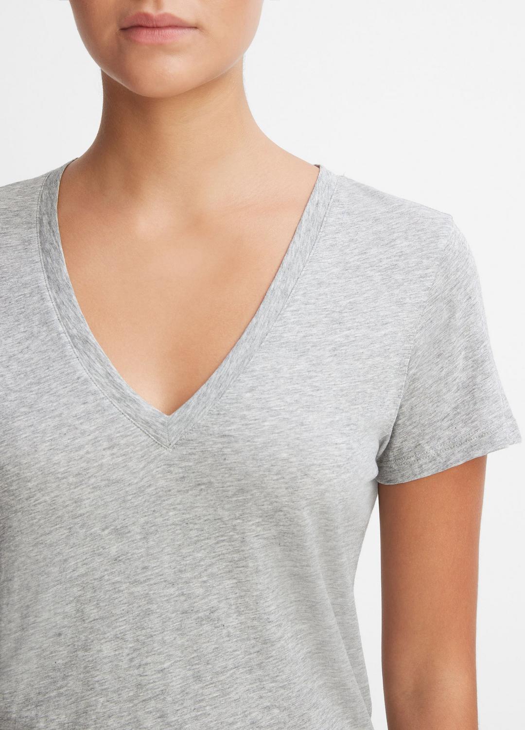 VINCE Women Essential Pima Cotton V-Neck T-Shirt in Short Sleeve HEATHER GREY