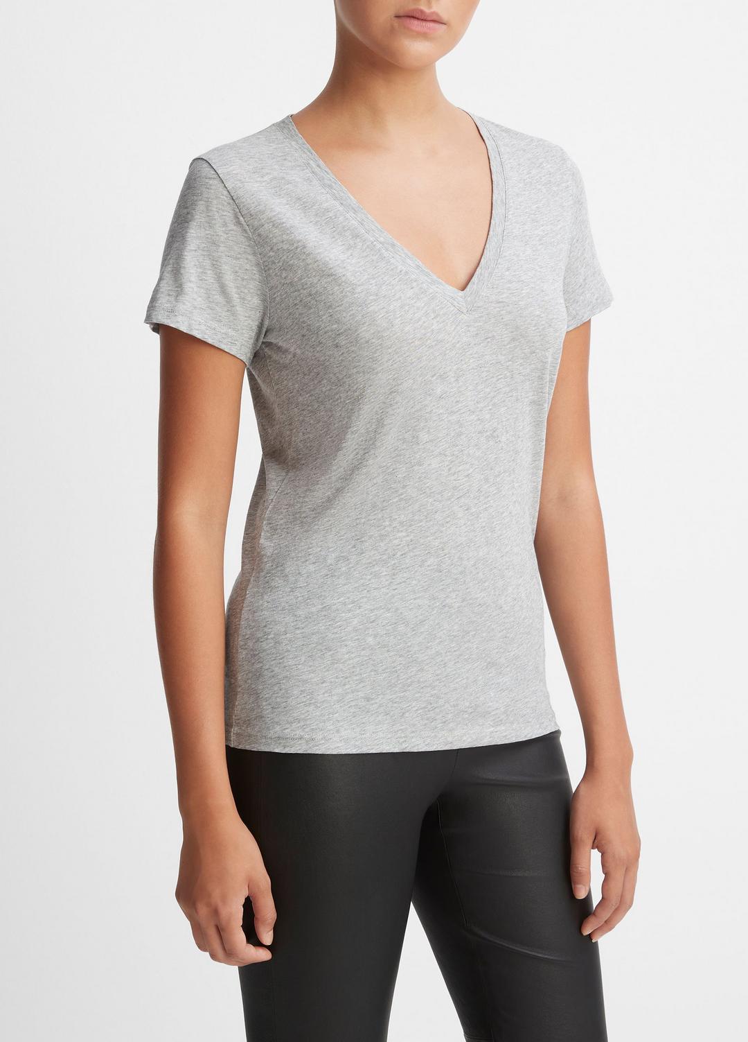 VINCE Women Essential Pima Cotton V-Neck T-Shirt in Short Sleeve HEATHER GREY