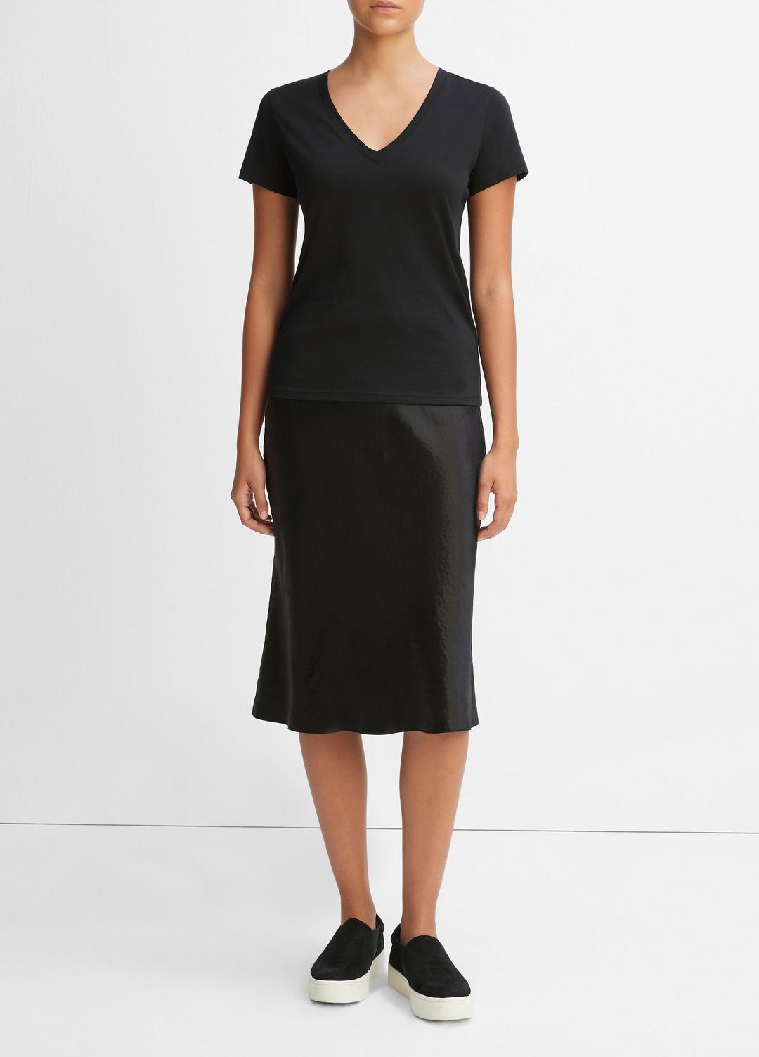 VINCE Women Essential Pima Cotton V-Neck T-Shirt in Short Sleeve BLACK