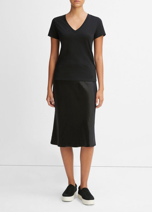 VINCE Women Essential Pima Cotton V-Neck T-Shirt in Short Sleeve BLACK