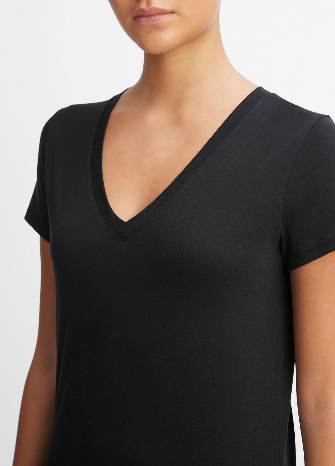 VINCE Women Essential Pima Cotton V-Neck T-Shirt in Short Sleeve BLACK
