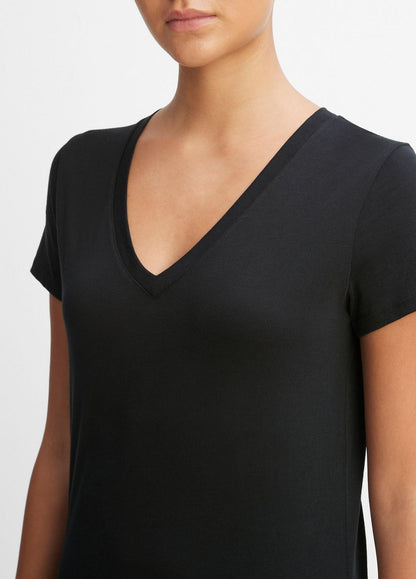 VINCE Women Essential Pima Cotton V-Neck T-Shirt in Short Sleeve BLACK