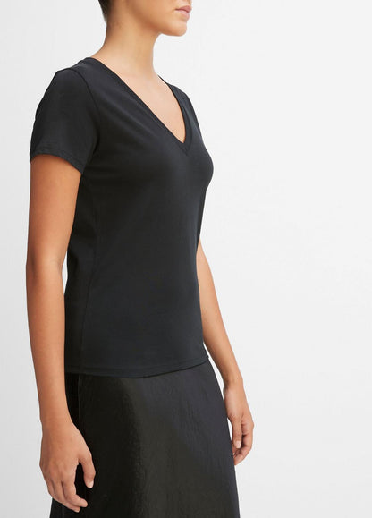 VINCE Women Essential Pima Cotton V-Neck T-Shirt in Short Sleeve BLACK