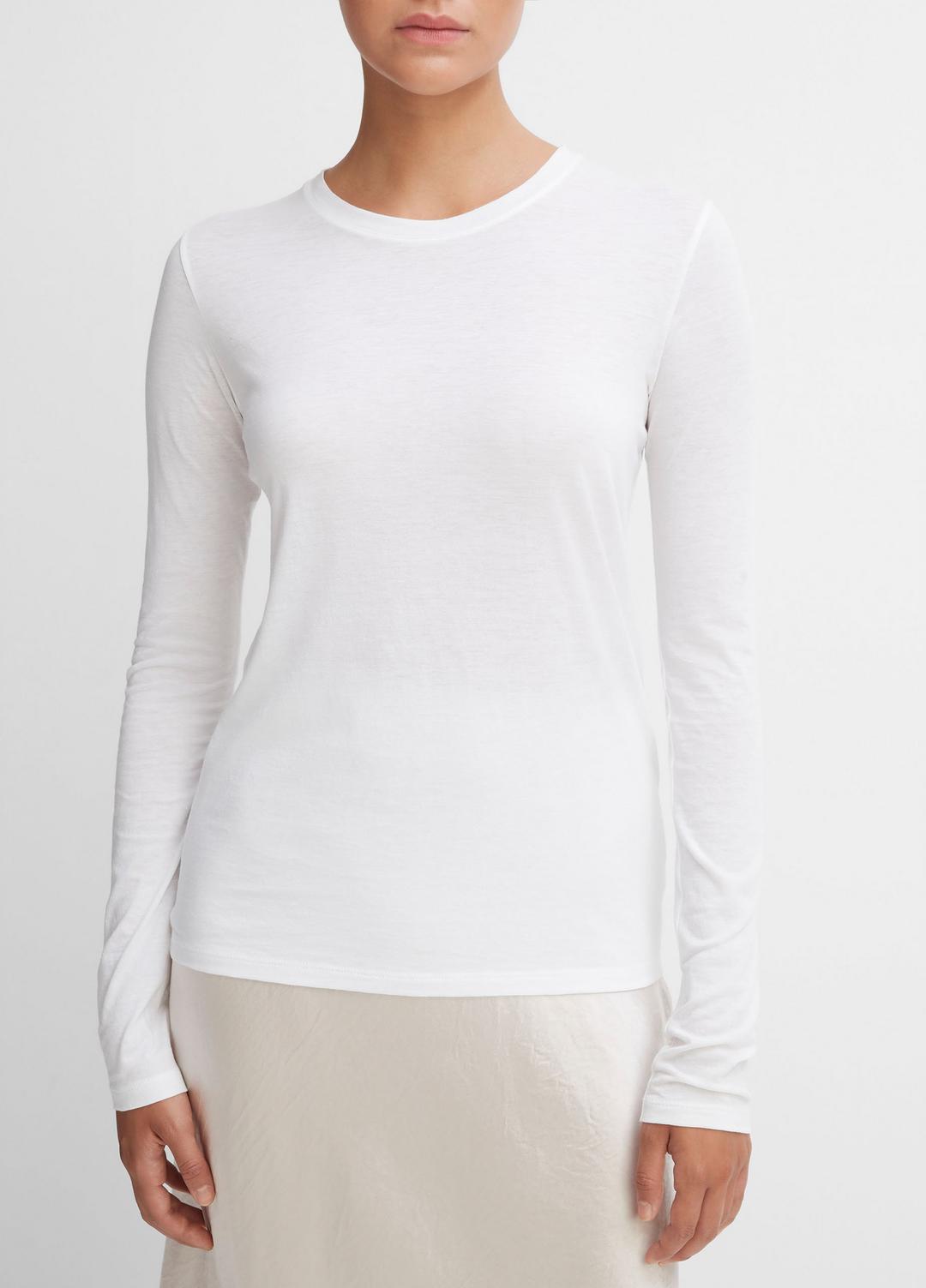 VINCE Women Essential Long Sleeve Crew Neck T-Shirt in Long Sleeve OPTIC WHITE