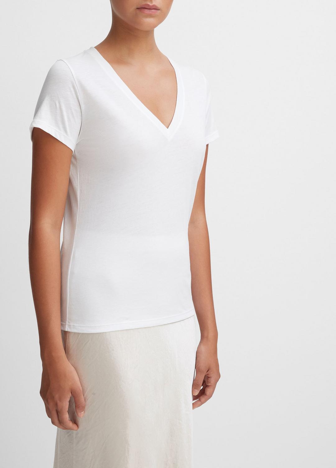VINCE Women Essential Pima Cotton V-Neck T-Shirt in Short Sleeve OPTIC WHITE