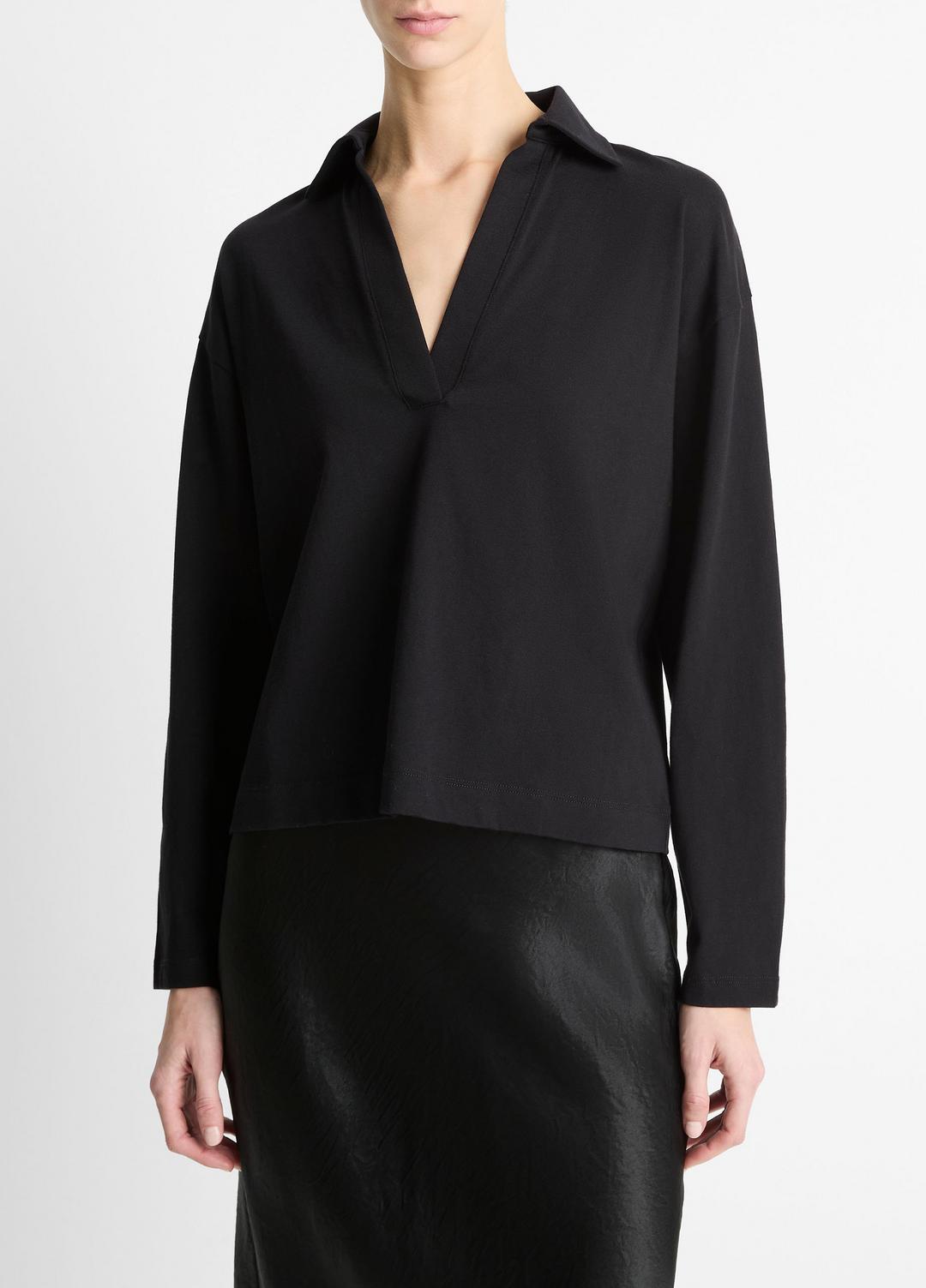 VINCE Women Easy Pima Cotton Long-Sleeve Polo Shirt in Long Sleeve BLACK