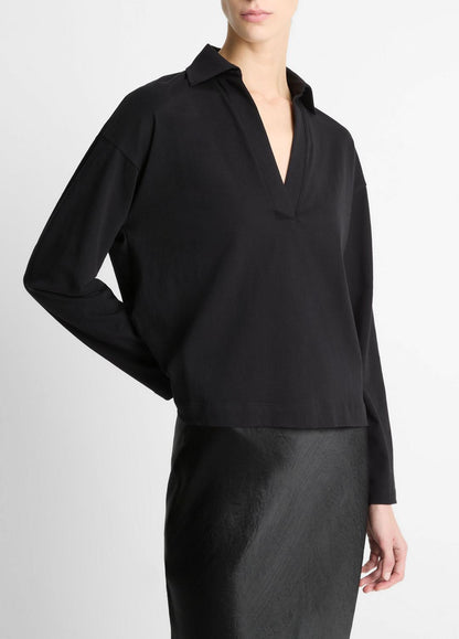 VINCE Women Easy Pima Cotton Long-Sleeve Polo Shirt in Long Sleeve BLACK