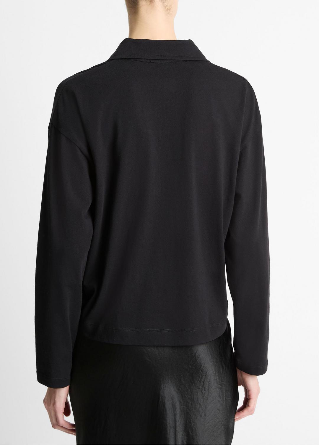 VINCE Women Easy Pima Cotton Long-Sleeve Polo Shirt in Long Sleeve BLACK