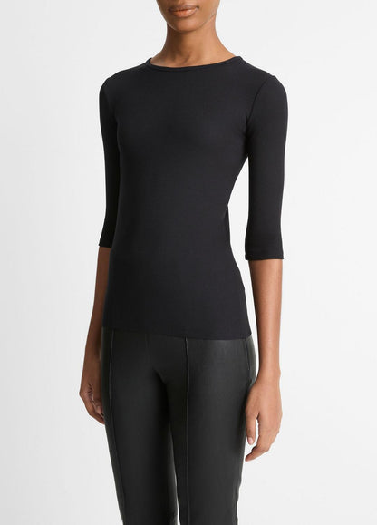 VINCE Women Elbow-Sleeve Crew Neck T-Shirt in Short Sleeve BLACK