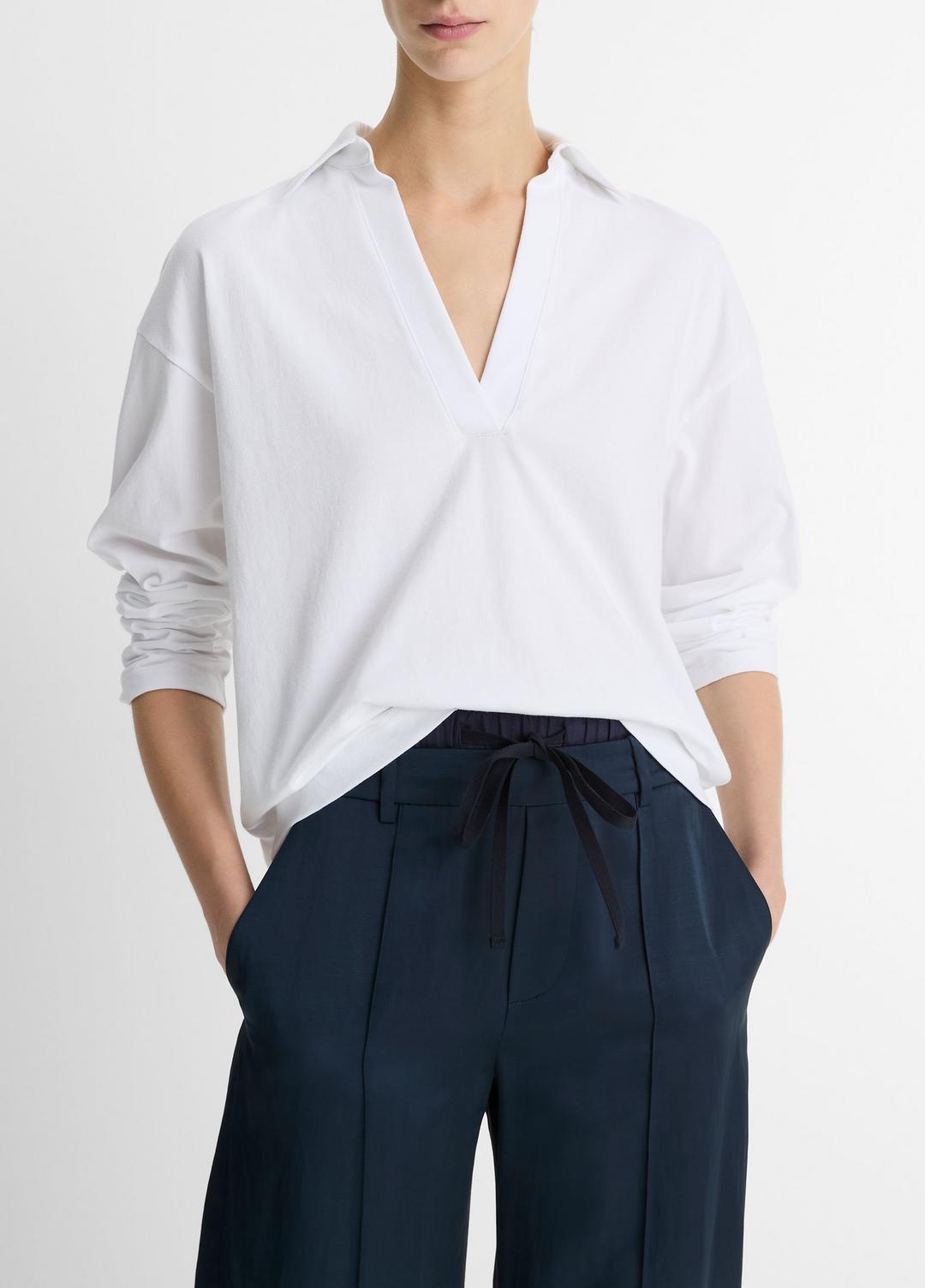 VINCE Women Easy Pima Cotton Long-Sleeve Polo Shirt in Long Sleeve OPTIC WHITE