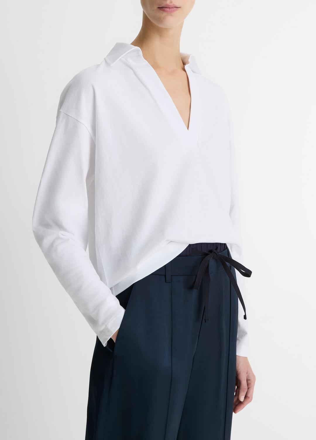 VINCE Women Easy Pima Cotton Long-Sleeve Polo Shirt in Long Sleeve OPTIC WHITE