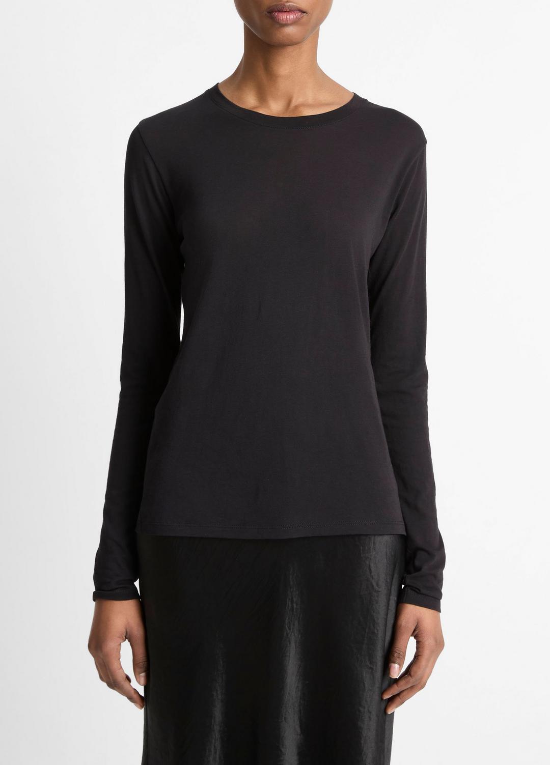 VINCE Women Essential Long Sleeve Crew Neck T-Shirt in Long Sleeve BLACK
