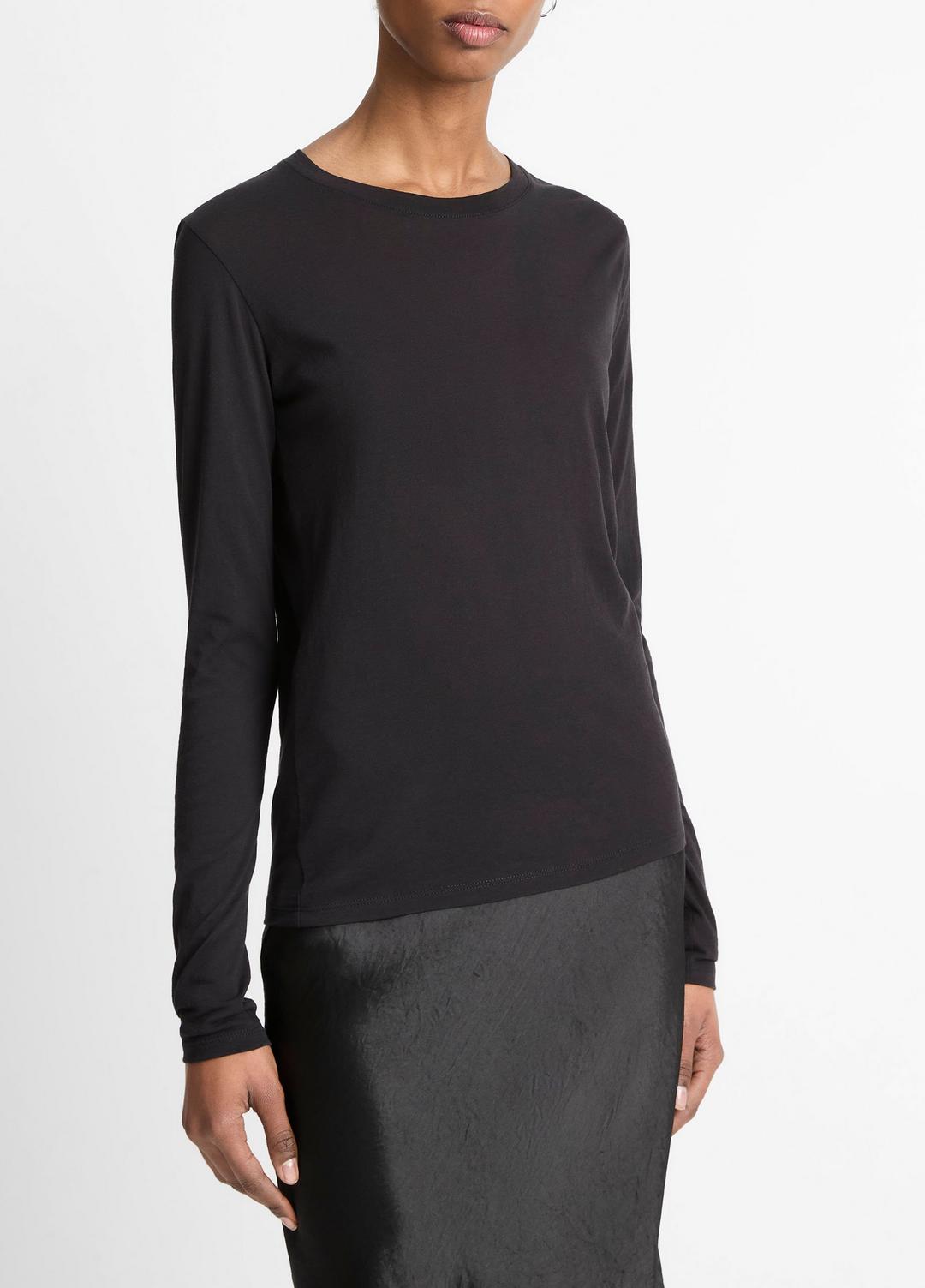 VINCE Women Essential Long Sleeve Crew Neck T-Shirt in Long Sleeve BLACK