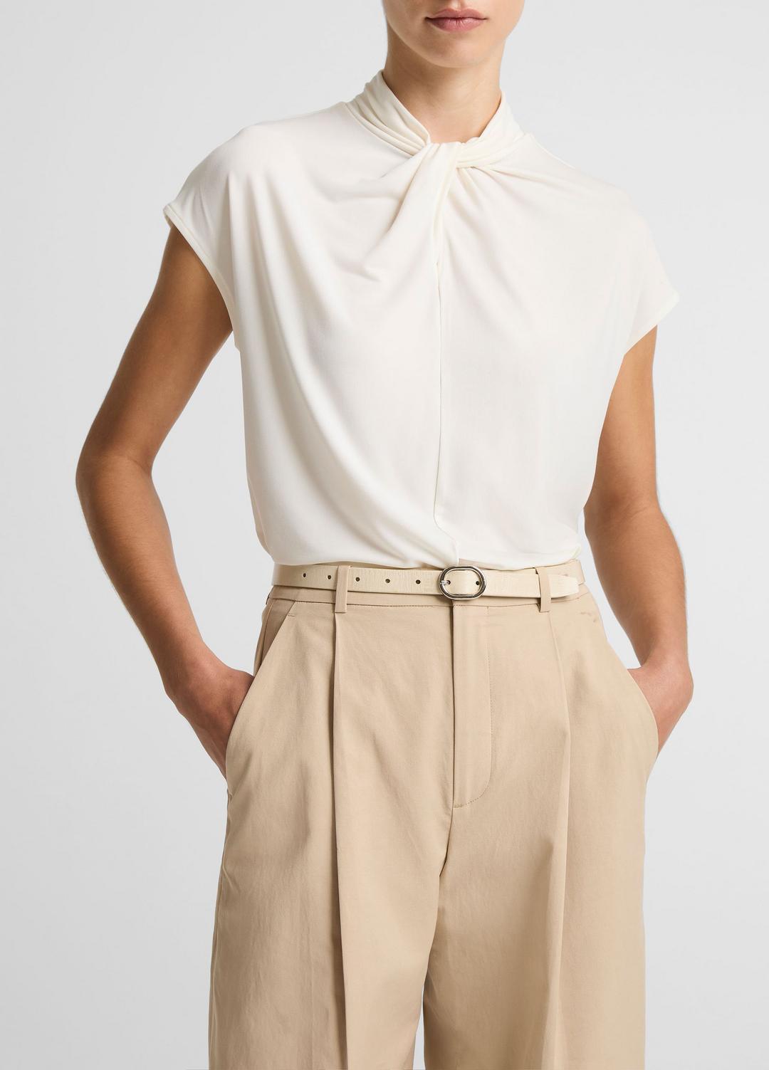 VINCE Women Twist-Neck Matte Jersey Cap-Sleeve Top  in Short Sleeve BONE