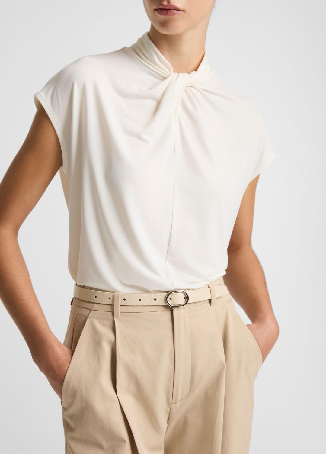 VINCE Women Twist-Neck Matte Jersey Cap-Sleeve Top  in Short Sleeve BONE