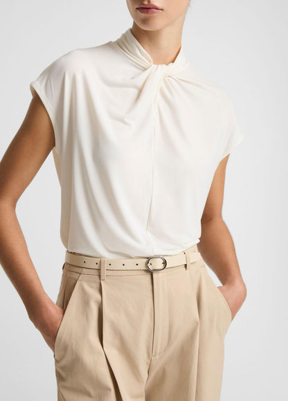 VINCE Women Twist-Neck Matte Jersey Cap-Sleeve Top  in Short Sleeve BONE