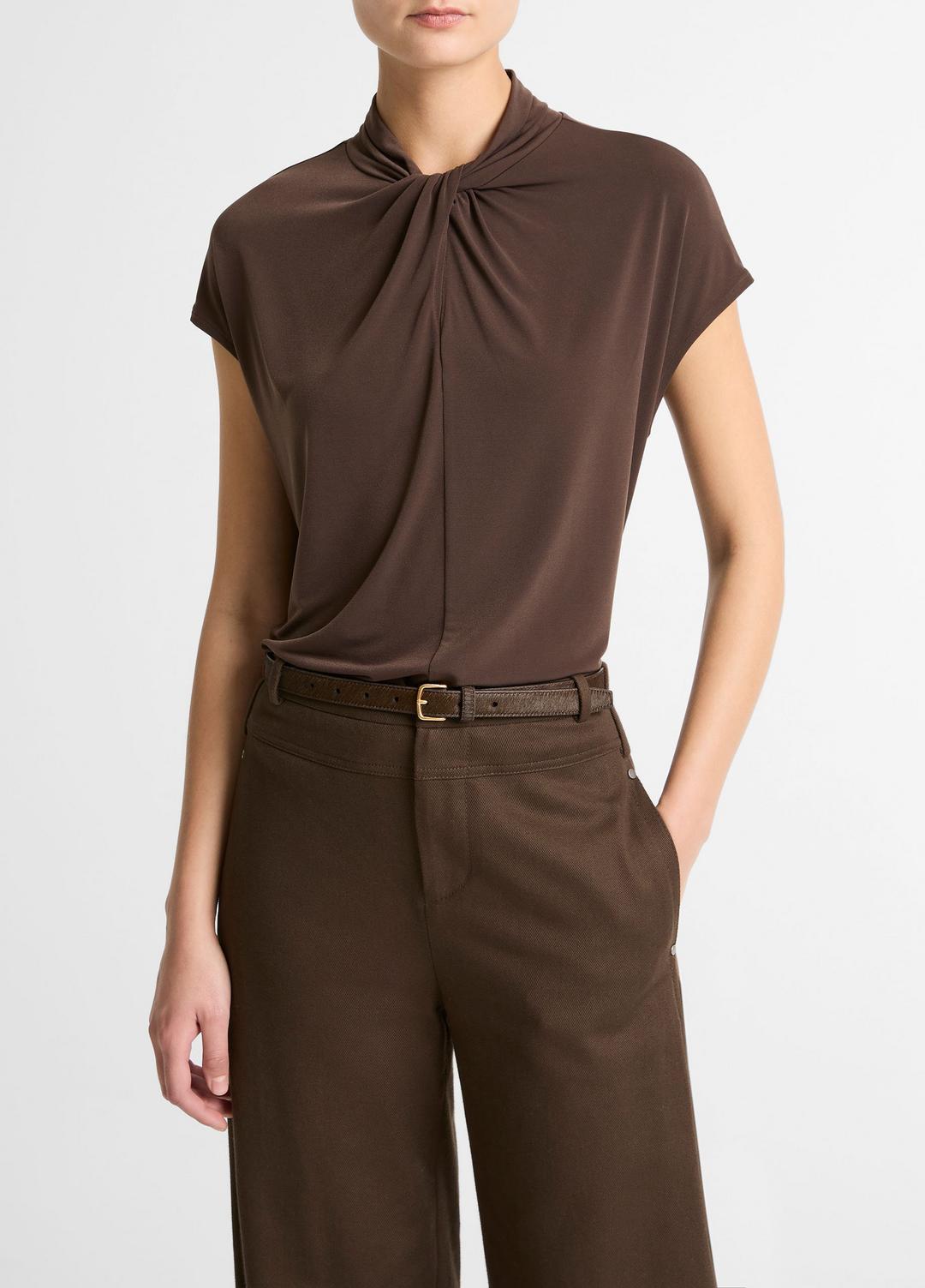 VINCE Women Twist-Neck Matte Jersey Cap-Sleeve Top  in Short Sleeve DARK BARK