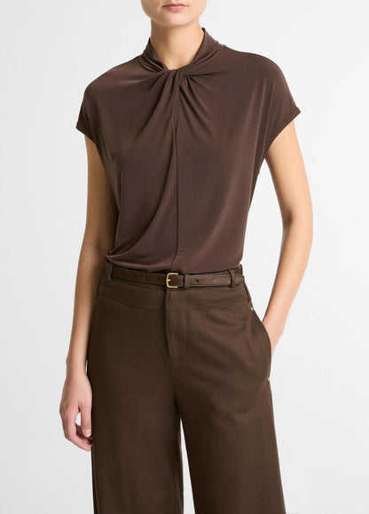 VINCE Women Twist-Neck Matte Jersey Cap-Sleeve Top  in Short Sleeve DARK BARK