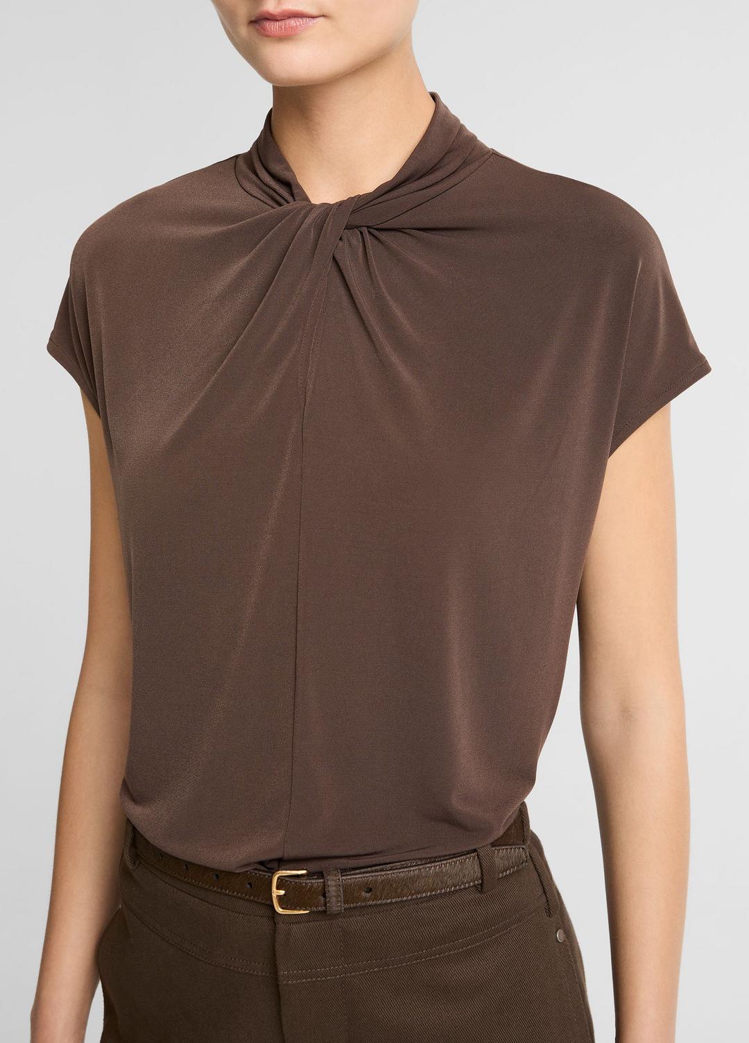 VINCE Women Twist-Neck Matte Jersey Cap-Sleeve Top  in Short Sleeve DARK BARK