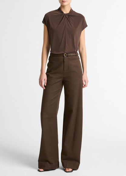 VINCE Women Twist-Neck Matte Jersey Cap-Sleeve Top  in Short Sleeve DARK BARK