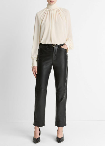 VINCE Women Leather Straight-Leg Trouser in Trousers BLACK