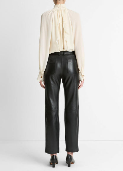 VINCE Women Leather Straight-Leg Trouser in Trousers BLACK