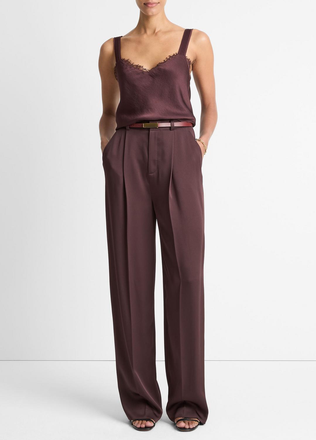 VINCE Women Satin Pleated Wide-Leg Trouser in Trousers DARK FIG