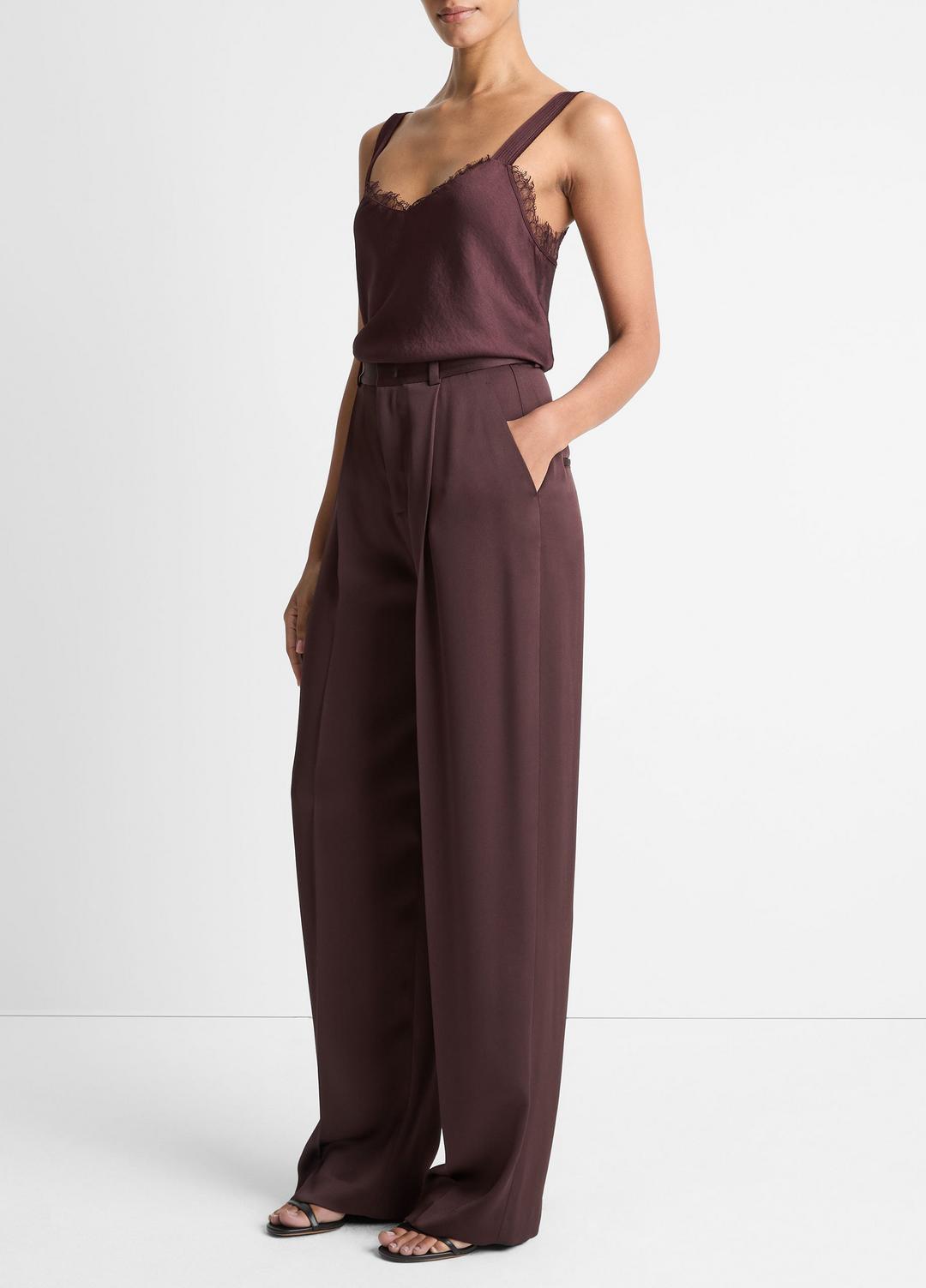 VINCE Women Satin Pleated Wide-Leg Trouser in Trousers DARK FIG