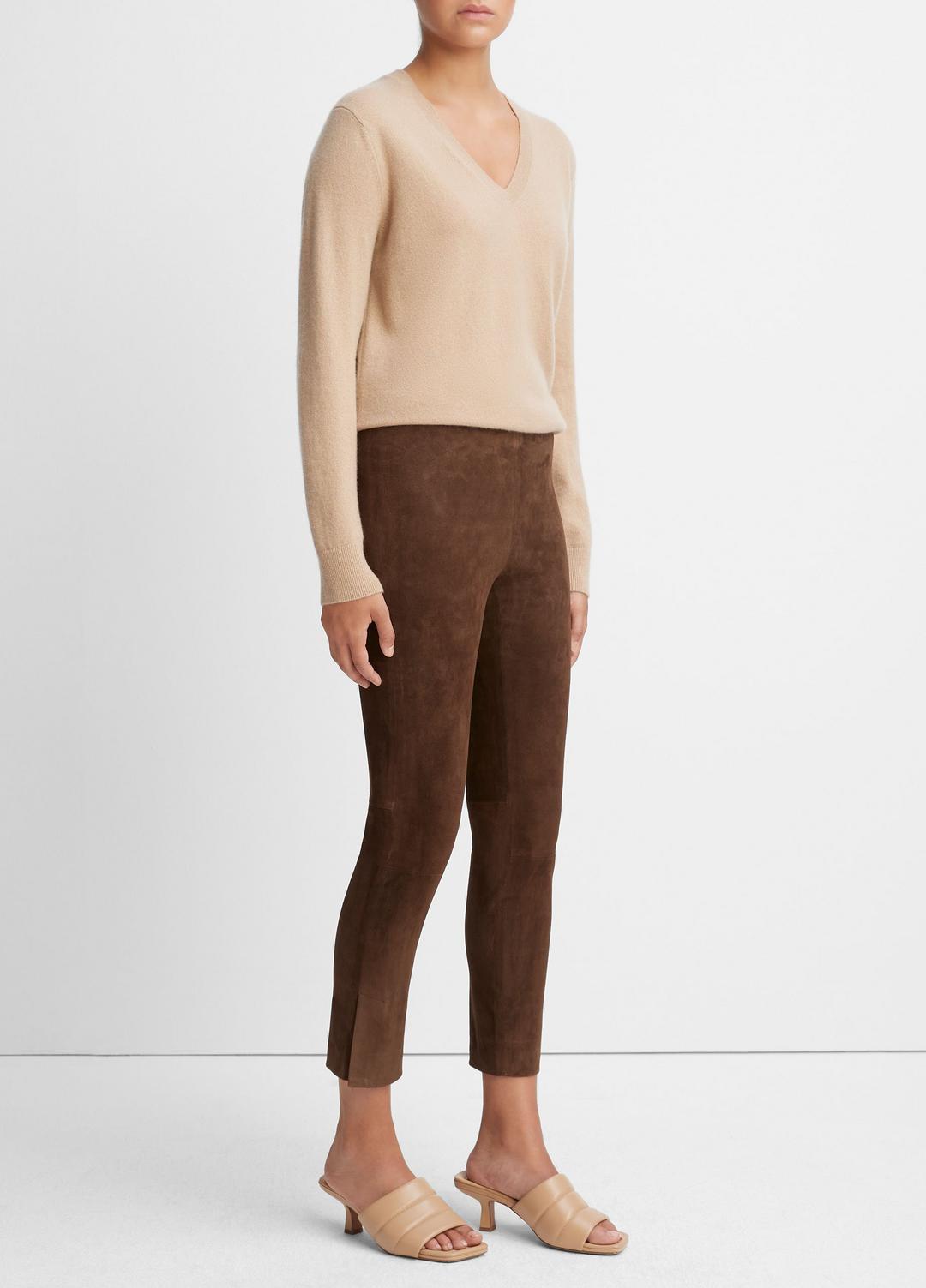 VINCE Women Stretch Suede Split Hem Crop Legging in Leggings DARK WHEAT