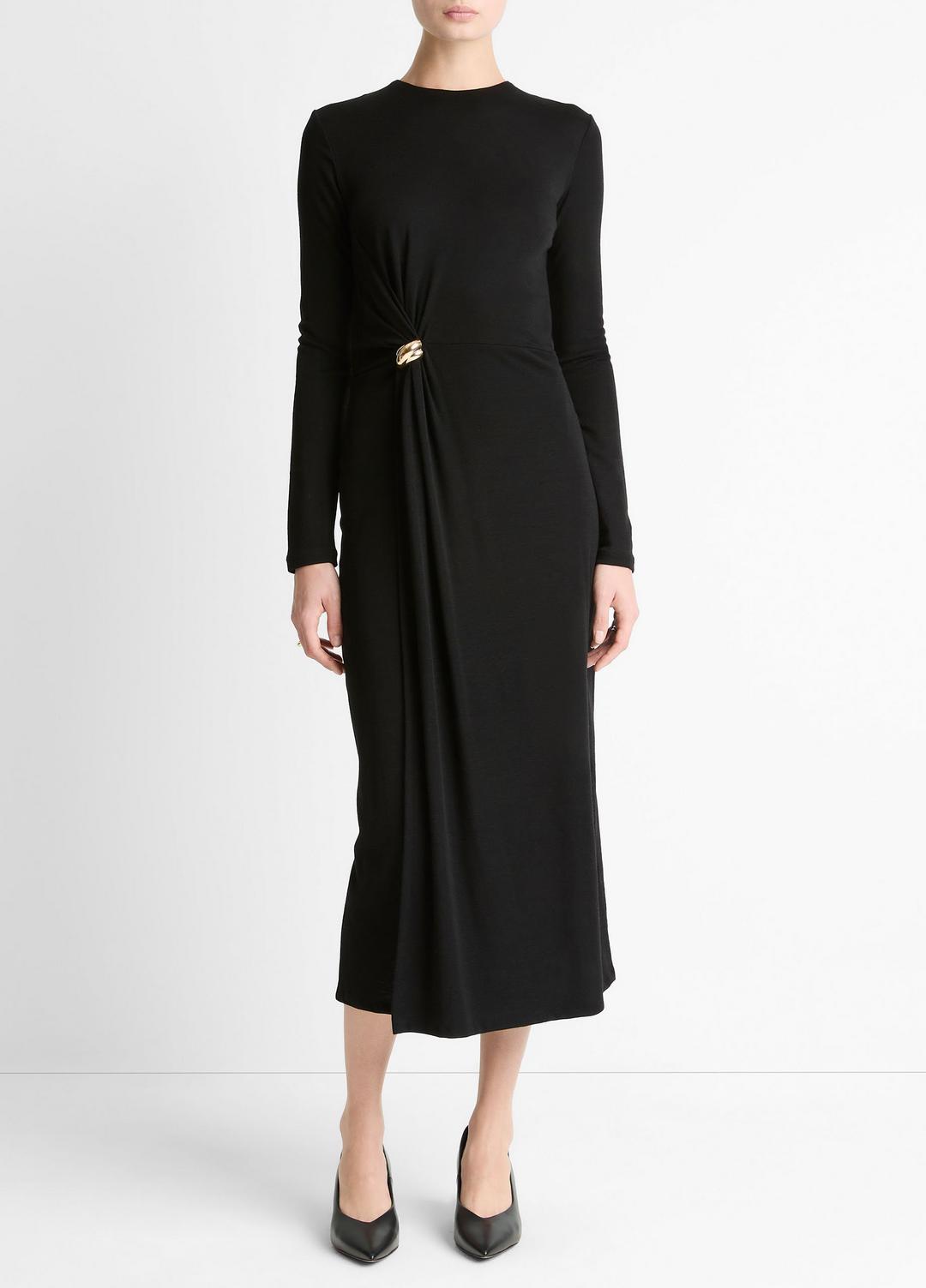 VINCE Women Cinched-Waist Wool-Blend Long-Sleeve Dress in Dresses BLACK