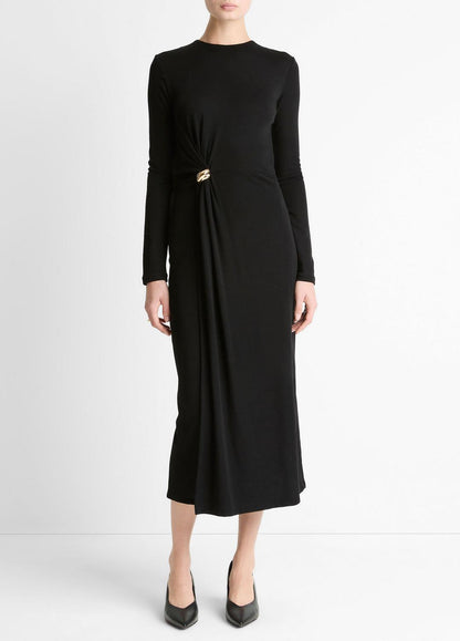 VINCE Women Cinched-Waist Wool-Blend Long-Sleeve Dress in Dresses BLACK