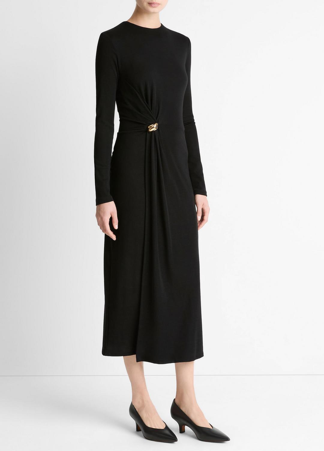 VINCE Women Cinched-Waist Wool-Blend Long-Sleeve Dress in Dresses BLACK