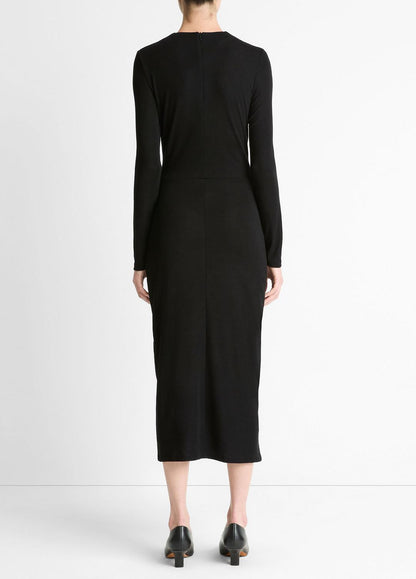 VINCE Women Cinched-Waist Wool-Blend Long-Sleeve Dress in Dresses BLACK